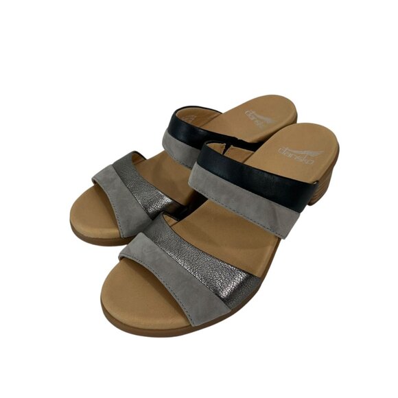 Dansko Theresa Womens Leather Double Strap Sandals Black/Gray SZ 38 Block heels - Picture 2 of 13